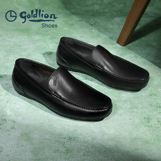Goldlion men's slip-on shoes, comfortable loafers, business casual leather shoes 57101035001A-black-size 41