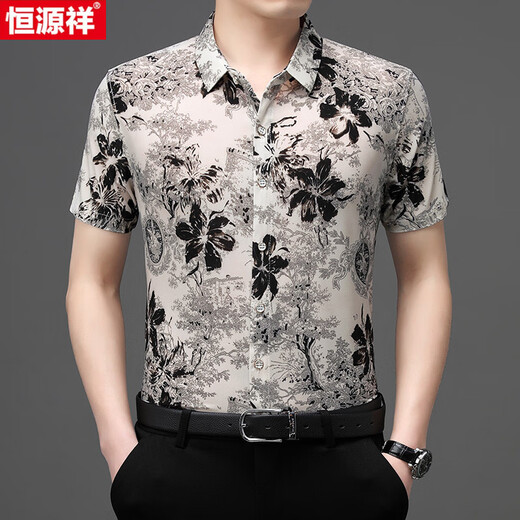 
Hengyuanxiang summer new mulberry silk short-sleeved floral shirt men's ice. Non-scalding and anti-wrinkle casual printed shirt middle-aged daddy suit 9898 black M 165[100-120Jin[Jin equals 0.5 kg]]
