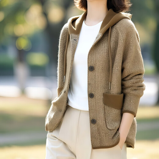 Sudian Women's Original Brand Flagship Store Fashionable Wool Blend Colorful Hooded Knitted Jacket Autumn Women Khaki 2XL