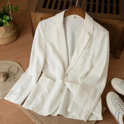 花花公子夏季新款休闲百搭棉麻西装外套男宽松时尚高端苎麻单层西服夹克男 卡其 XL