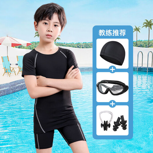 Vinoa children's swimsuit for boys, middle and large children and teenagers split boy swimsuit summer 2025 new sun protection swimming trunks set black and green 6-piece swimming cap small swimming goggles nose clip earplugs speed 125 120 anti-scratch and quick drying recommendations 115-125CM