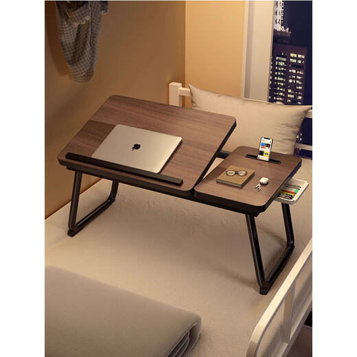 Bed computer table, home bed reading table, reading artifact, simple small table, bedroom bay window, lazy bed table, enlarged - 5-speed lift + rack + cup holder - walnut color