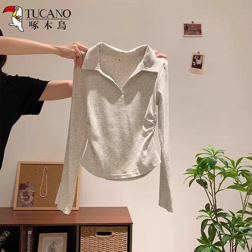 Woodpecker polo collar pure cotton right shoulder long sleeve t-shirt women's autumn new pleated waist bottoming shirt top white XL