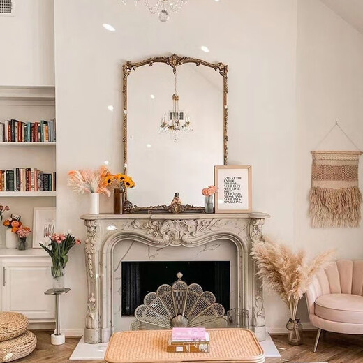 French retro European makeup mirror, dressing table, fireplace mirror, home bathroom bathroom mirror, anti-fog smart mirror, vertical 60*90CM+led touch light