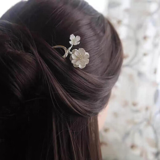 KZD Old Phoenix 999 sterling silver silver hairpin double flower U-shaped hairpin ancient style replica hairpin headdress for women white light peach blossom