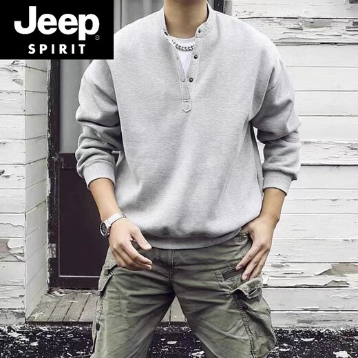 JEEP SPIRIT Japanese retro autumn and winter men's Henry collar long-sleeved T-shirt bottoming shirt plus velvet warm casual pullover sweatshirt large size gray regular style high quality M