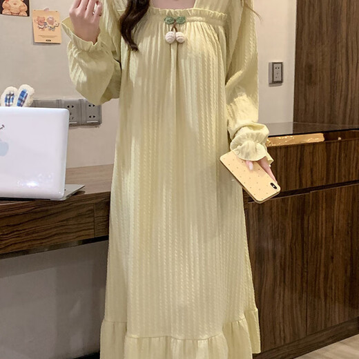 花陌妮公主风睡裙女春夏秋季棉质长袖带胸垫胖mm宽松大码孕妇家居服睡衣 J897-豆沙色裙【可拆卸胸垫】 M 【80-100斤】