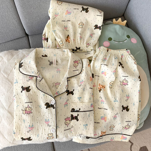 
Jiyafu HelloKitty gauze pajamas for women in summer short-sleeved 2025 new cute three-piece set home clothing Yunduo Cotton-J9901# Paradise Puppy Three-piece Set M [Suggestion 75-100Jin [Jin equals 0.5 kg]]