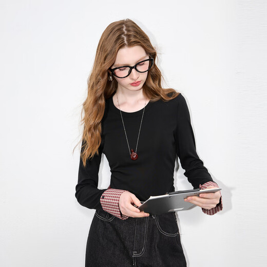 Sancai 2025 Autumn New Round Neck Long Sleeve T-Shirt Bottoming Top Right Shoulder Slim M