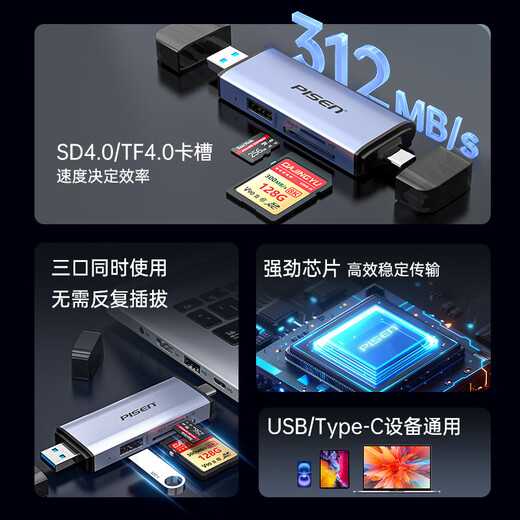 Pinsheng USB3.2 card reader U disk/SD/TF4.0 three-in-one card reader with USB expansion suitable for computer Apple 15/16 mobile phone/iPad camera monitoring storage memory card