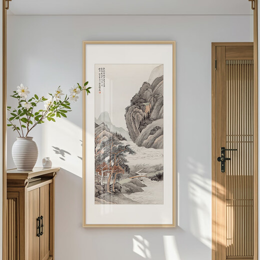 Xuanmutang entrance decorative painting New Chinese style ink landscape painting hanging painting study living room tea room corridor aisle entrance landscape painting Zhang Daqian <Landscape Tune> Finished product width 70cm * height 140cm Indonesian Sapele (mortise and tenon rounded corners)