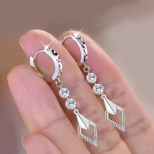 Nine-year-old 99 sterling silver double diamond geometric carving silver earrings for women, rhombus solid silver earrings birthday gift for girlfriend, classic double diamond, solid silver weight about 3g