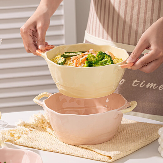 Persson Double-Eared Soup Bowl Home 2025 New Instant Noodle Bowl High-Looking Large Bowl Creamy Noodle Soup Bowl Ceramic Snail Noodle Bowl 9.5-inch Double-Eared Bowl Pink + Milk Yellow