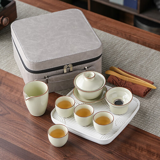 Huang Ru Kiln travel tea set household one pot four cups outdoor portable tea drinking 2025 new teacup teapot Ru Kiln yellow covered bowl four cups + square gray bag set