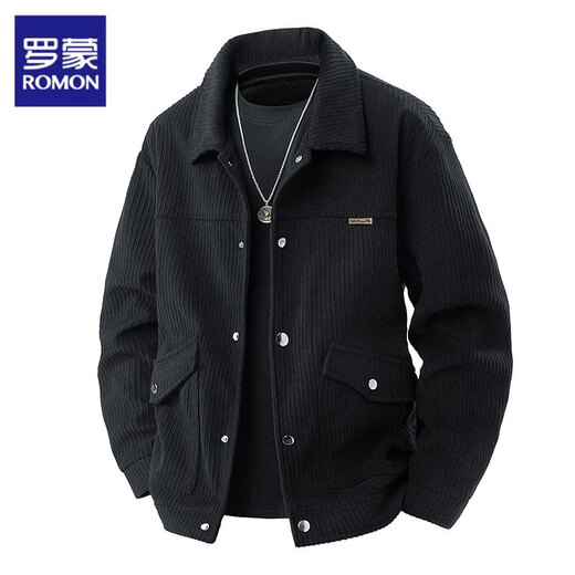 ROMON Jacket Men's Corduroy Jacket Men's 2025 Autumn New Lapel Versatile Trendy Top Clothes Maillard Men's YHB-2511 Black XL