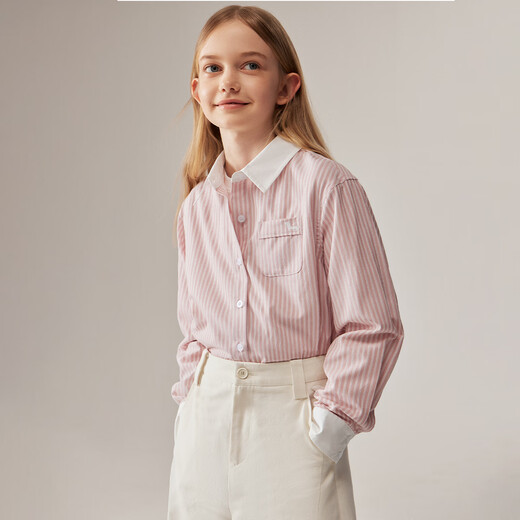 ELLE KIDS Children's Clothing Contrast Stripe Embroidered Shirt Girls Autumn New French Classic Fresh Top Pink and White Strips 150