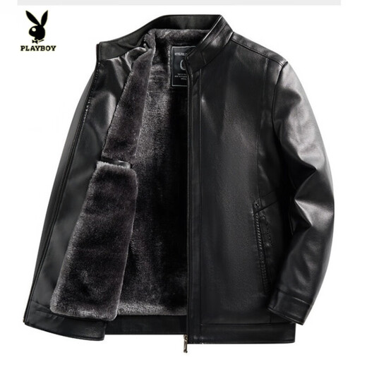 Playboy (PLAYBOY) Dad Winter Genuine Leather Jacket Men's 2025 Velvet Thickened Middle-aged and Elderly New Warm Leather Jacket Men Black 3XL