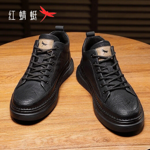 Red Dragonfly Men's Casual Shoes 2025 Autumn and Winter Leather Shoes New Versatile Classic Shoes Men's Light Luxury Business Black Shoes Men Black Four Seasons (7002T) Upgrade 42
