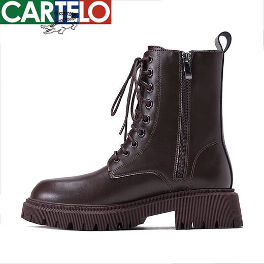 CARTELO genuine soft leather Martin boots for women British style 2025 new spring and autumn plus velvet brown thick-soled short boots motorcycle boots black single lining 39