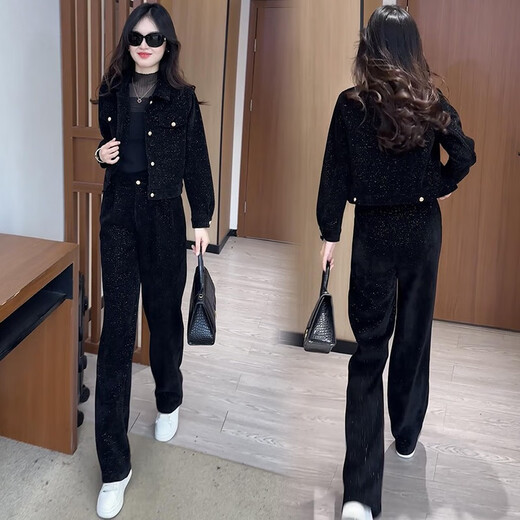 Kuzhang (KUZHANG) Western-style age-reducing sportswear suit for women 2025 late spring fashion small tall short coat wide-leg pants two-piece set 6198# black spring and autumn style M Recommended 100 Jin Jin is equal to 0.5 kg.