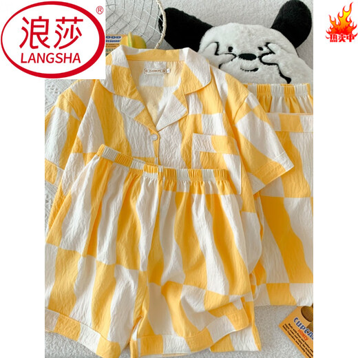 浪莎（LangSha）奶黄云朵纯棉纱睡衣女款夏季开衫短袖短裤三件套感甜美家居服 云朵棉-9905#黑爱心三件套 M 【建议75-100斤】