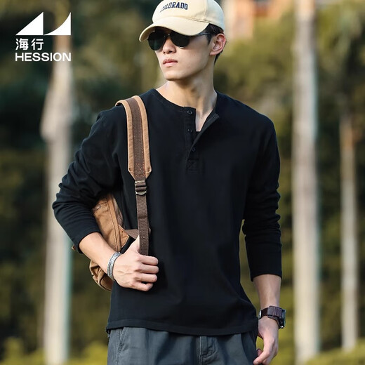 Haixing Black Casual Long Sleeve T-Shirt Men's Pure Cotton Breathable Spring and Autumn Solid Color Inner Bottoming Shirt Top Cotton Henry Shirt Black 2XL