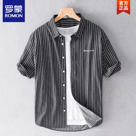 
ROMON men's striped shirt short sleeve loose summer thin Japanese casual versatile cotton shirt summer clothes 9740 black 2XL 145Jin [Jin equals 0.5 kg]