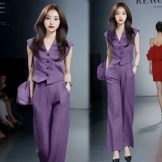 Xin Yimei suit suit women's thin 2026 summer new style slim V-neck sleeveless top wide-leg pants two-piece set purple short-sleeved top + purple trousers (set) M 95-110Jin Jin equals 0.5 kg