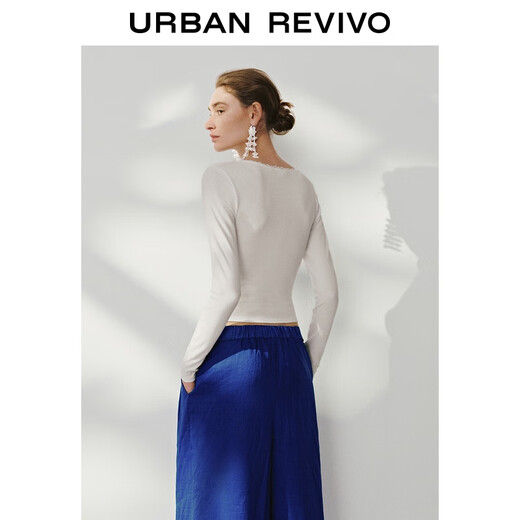 UR2025 new autumn women's spliced lace short slim long-sleeved T-shirt UWH450100 white M