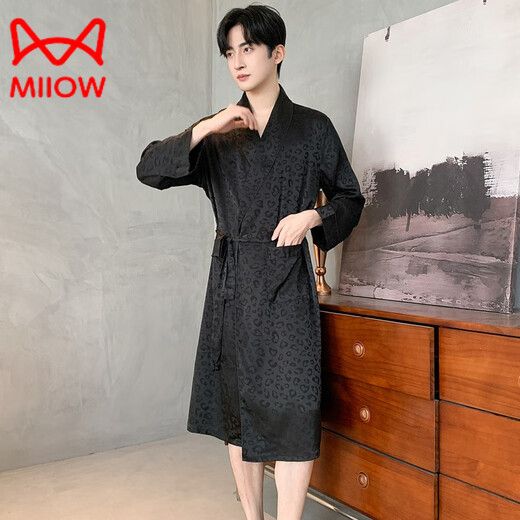 MiiOW Men's Nightgown Summer Ice Thin Feeling Mid-Length Bathrobe Pajamas Long Sleeve Large Size Black Dressing Robe Home Clothing Black Wide Men's Style-Qingguo Nightgown L (150-170Jin Jin equals 0.5kg)