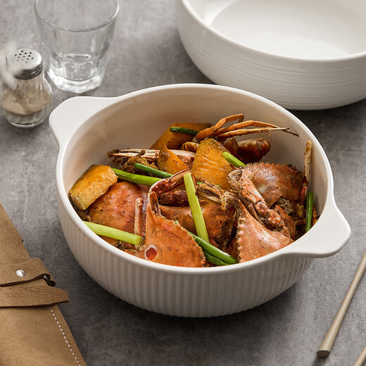 Nordic vertical pattern 10.5-inch ceramic double-ear soup bowl household ceramic tableware high-end pickled fish large basin soup basin 1 double-ear soup bowl