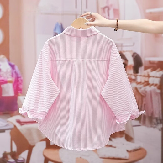 Girls pink shirt spring and autumn middle and large children pure cotton long-sleeved shirt children autumn thin coat girl plaid top pink Pocket Bear 140