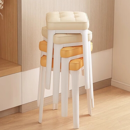 Stool Nordic light luxury dining stool household thickened soft bag square stool stackable portable spare stool dressing table makeup stool off-white stool surface-white legs