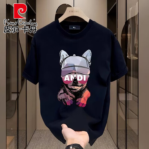 皮尔卡丹欧美潮牌夏季纯棉短袖t恤男2025新款体恤宽松大码情侣装男士半袖 V691黑色 S