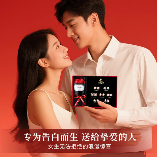 Lao Fengxiang Light Luxury One Week Earrings Women's Premium One Week Gift Box Set Silver Earrings Birthday Anniversary Gift for Girlfriend and Wife Daily Accompany* One Week Earrings