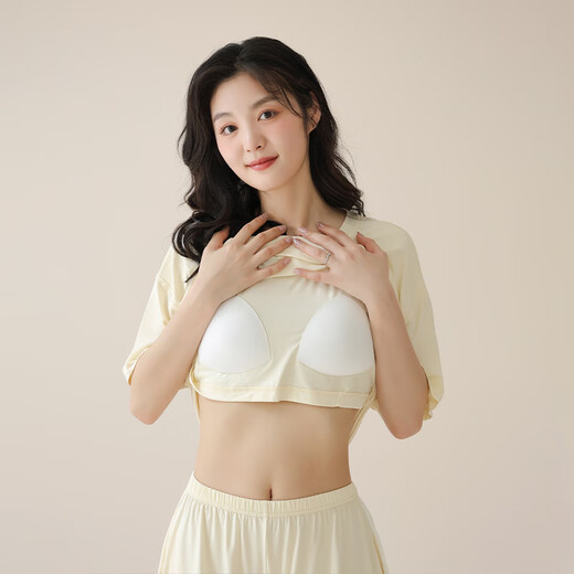 LangSha-Markenpyjama für Damen, Sommer, dünner Stil mit Brustpolster, Eisseide, kurzärmelig, einfarbig, Heimkleidung, 2025, neuer Stil, F18-15807-Pullover, doppelt kurz, hellgrün, kommt mit Brustumfang M 90–110. Jin Jin entspricht 0,5 kg