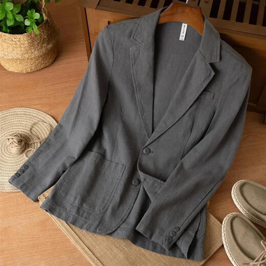 花花公子夏季新款休闲百搭棉麻西装外套男宽松时尚高端苎麻单层西服夹克男 卡其 XL