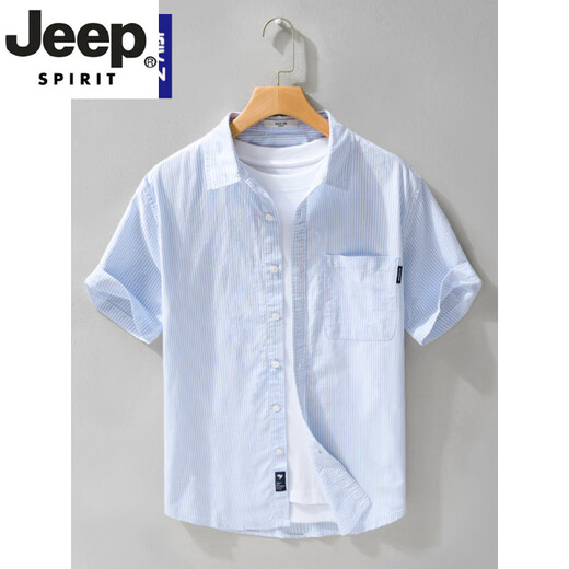 JEEP SPIRIT high-end men's pure cotton short-sleeved shirt Japanese casual summer thin striped shirt new trend splicing top 9740 white M