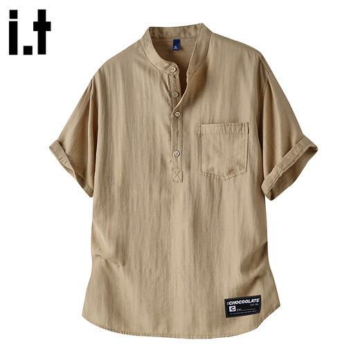 CHOCOOLATE it linen short-sleeved top men's summer thin breathable solid color casual t-shirt henley shirt khaki M recommended 105-120Jin Jin equals 0.5 kg