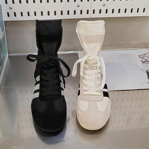 高帮真皮德训鞋女2025年夏季新款网面透气马丁靴休闲高帮拳击鞋 黑色dl9901 39