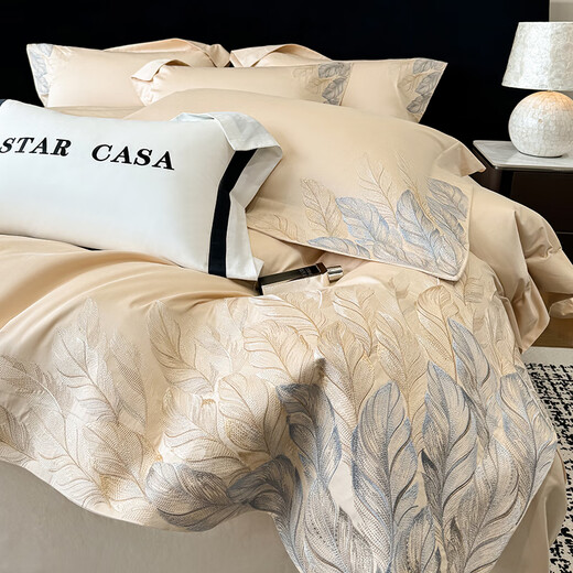 Mercury series high-end 100S satin long-staple cotton heavy industry feather embroidery four-piece set pure cotton bed sheet quilt cover pure cotton bedding Qiyue-gentleman gray 1.8 meter bed sheet style four-piece set-quilt cover 200x230