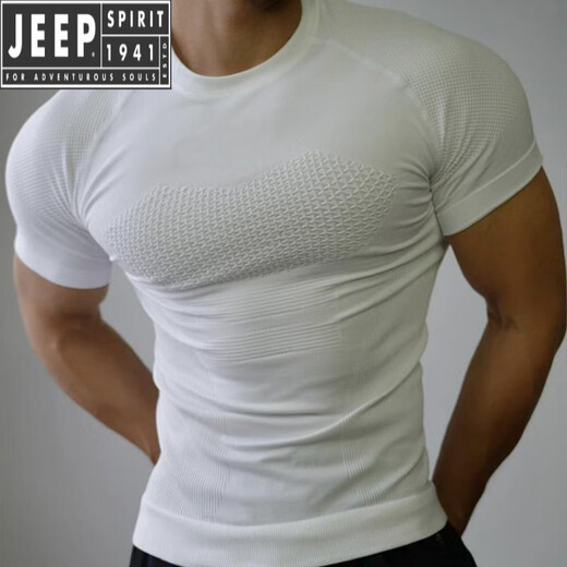 JEEP SPIRIT seamless quick-drying breathable sports fitness short-sleeved T-shirt running training cycling clothing compression tight elastic top for men classic black--quick-drying sports short sleeves M