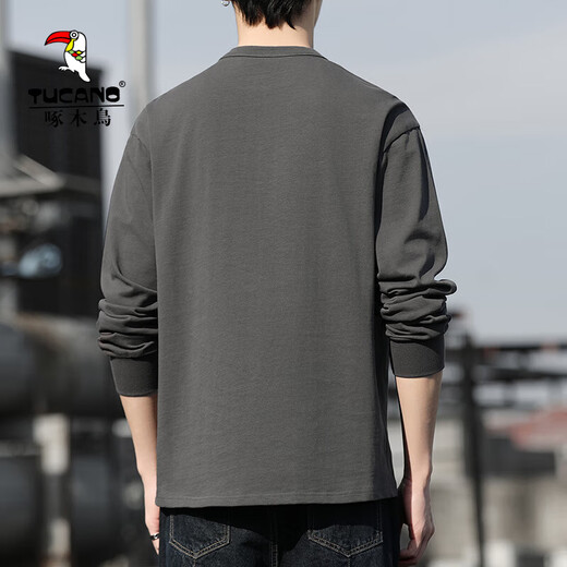 Woodpecker men's sweatshirt 2025 new spring and autumn long-sleeved T-shirt men's high-end heavyweight cotton Henry collar bottoming shirt men's gray L