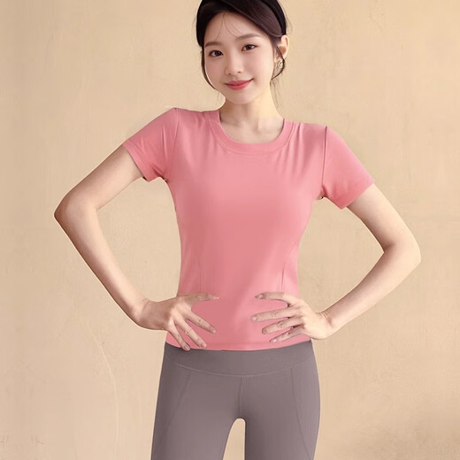 Shuangxiu yoga wear T-shirt for women 2025 new large size belly-covering short-sleeved Pilates training sports suit fitness top with rose pink top + sea moon pants suit 2XL 135-150