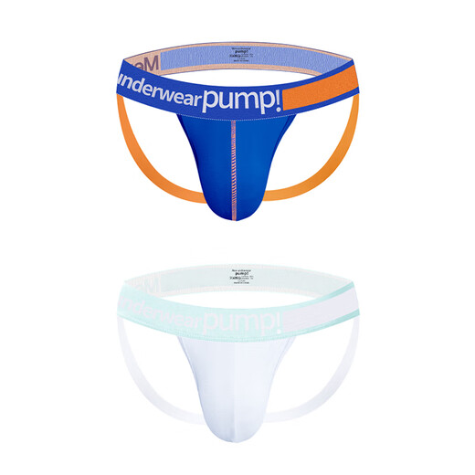 MEN UNDERWEAR PUMP! Men's solid color hollow double-butt underwear, pure cotton mesh thong, comfortable, breathable, sports quick-drying solid color shorts, 2 pairs (blue orange + white) L