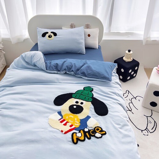 MUJI 100% cotton Class A kindergarten cartoon embroidery three-piece set for babies to enter the kindergarten special quilt cover with core six or seven-piece set Dog companion pure cotton fabric skin-friendly and comfortable children's bed sheet style three-piece set - quilt cover 120*150cm
