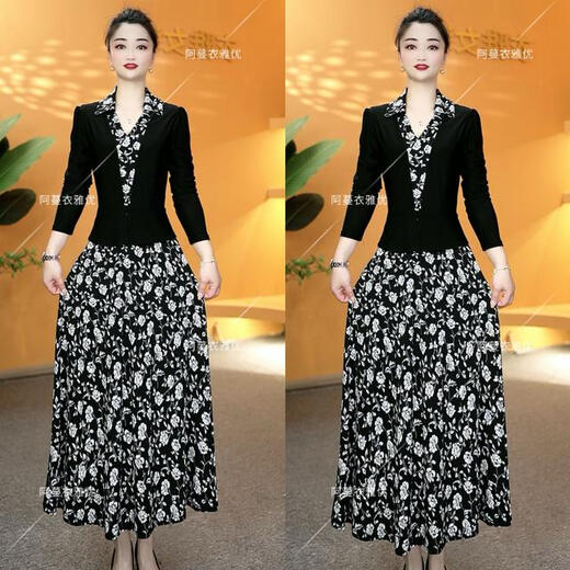 Yiya carefully selects 8124-1477# New Ice Silk Stretch Satin Lapel Fake Two-piece Temperament Dress XL (90-105Jin Jin is equal to 0.5kg)