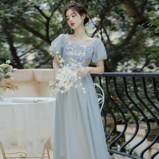 烨白法式复古连衣裙夏天女2025年新款蓝色在逃公主礼服裙油画风 蓝色油画连衣裙 S