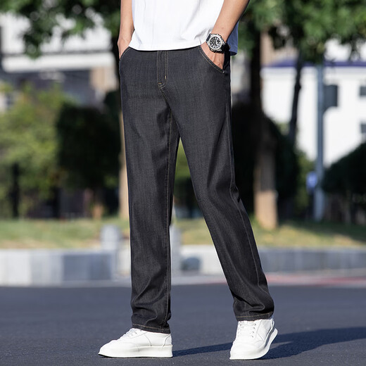 JEEP SPIRIT牛仔裤男士薄款深色夏季宽松直筒商务超薄冰丝黑色休闲长裤子夏天 9767中蓝 33 腰围二尺六
