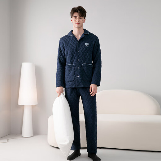 Fenton couple pajamas 7A antibacterial outer layer pure cotton 2025 autumn and winter new warm air sandwich home wear set can be worn outside Sapphire Blue - Men's L